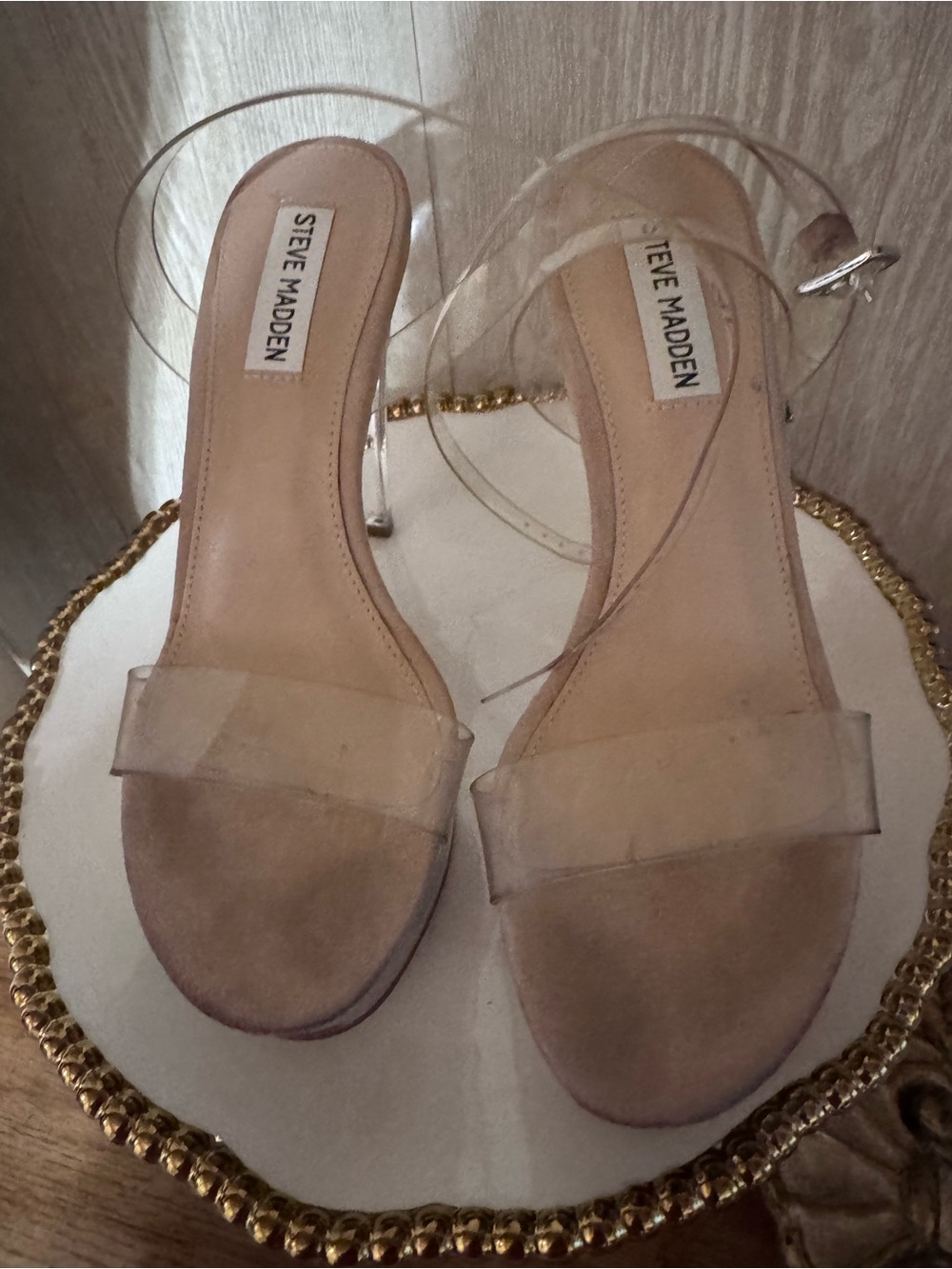 Steve Madden Beige Clear Strap Ankle-Sling Sandals